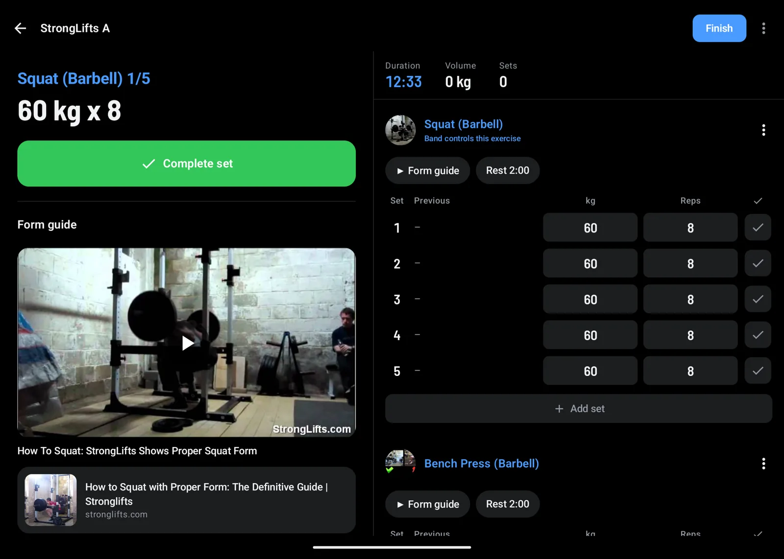 Workout on an unfolded Fold: the squat form video on the left, the sets on the right
