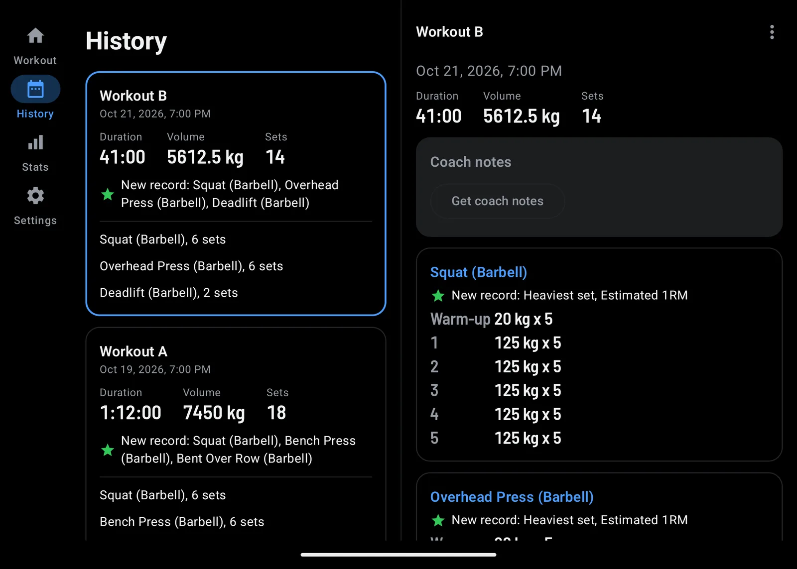 History on an unfolded Fold: workouts with their new records on the left, the chosen workout's sets on the right, marked New record: Heaviest set, Estimated 1RM