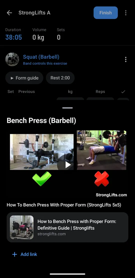 The bench press form guide with a StrongLifts video and article