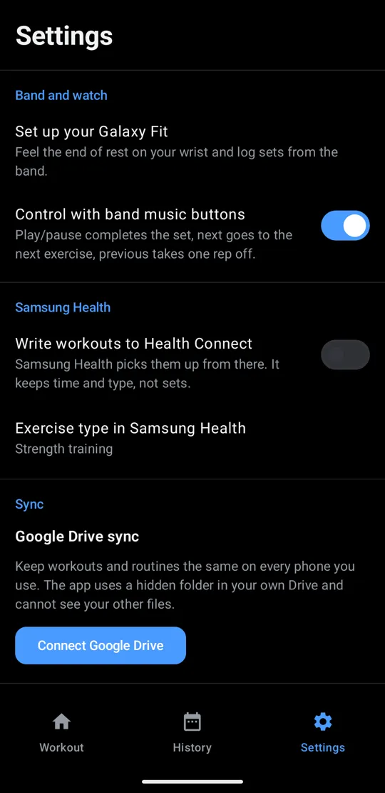 Settings with the Galaxy Fit setup and the band music button switch