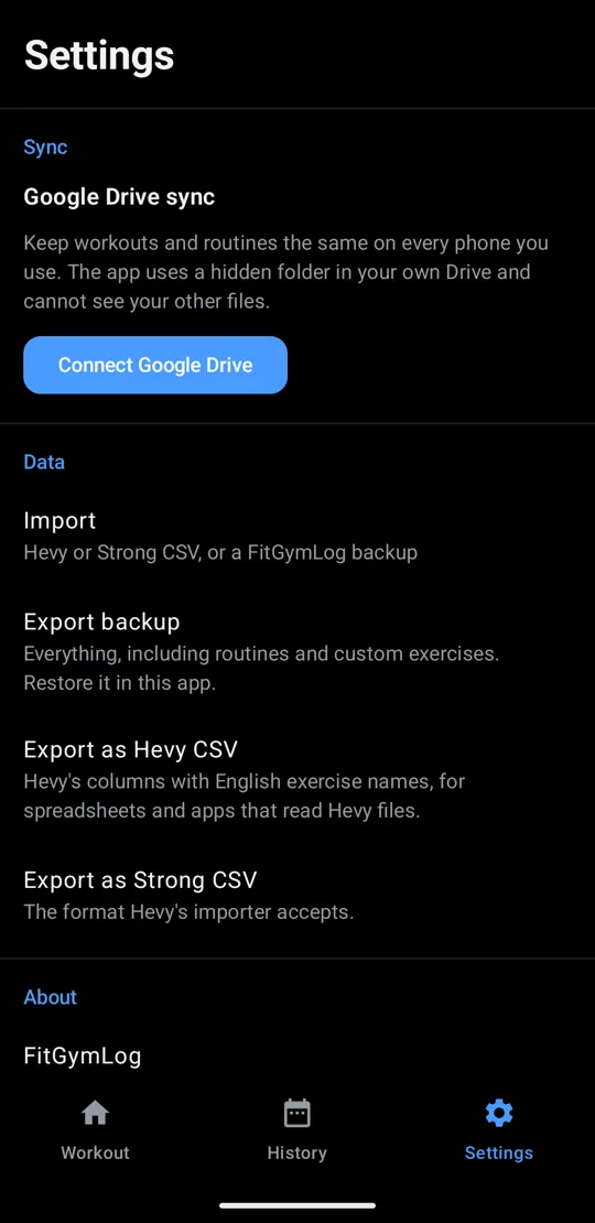 Settings with Google Drive sync, import and the three export options