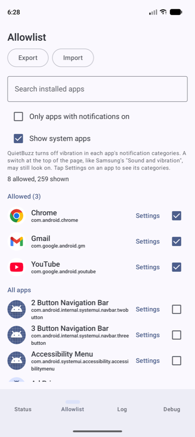 Allowlist tab with chosen apps at the top